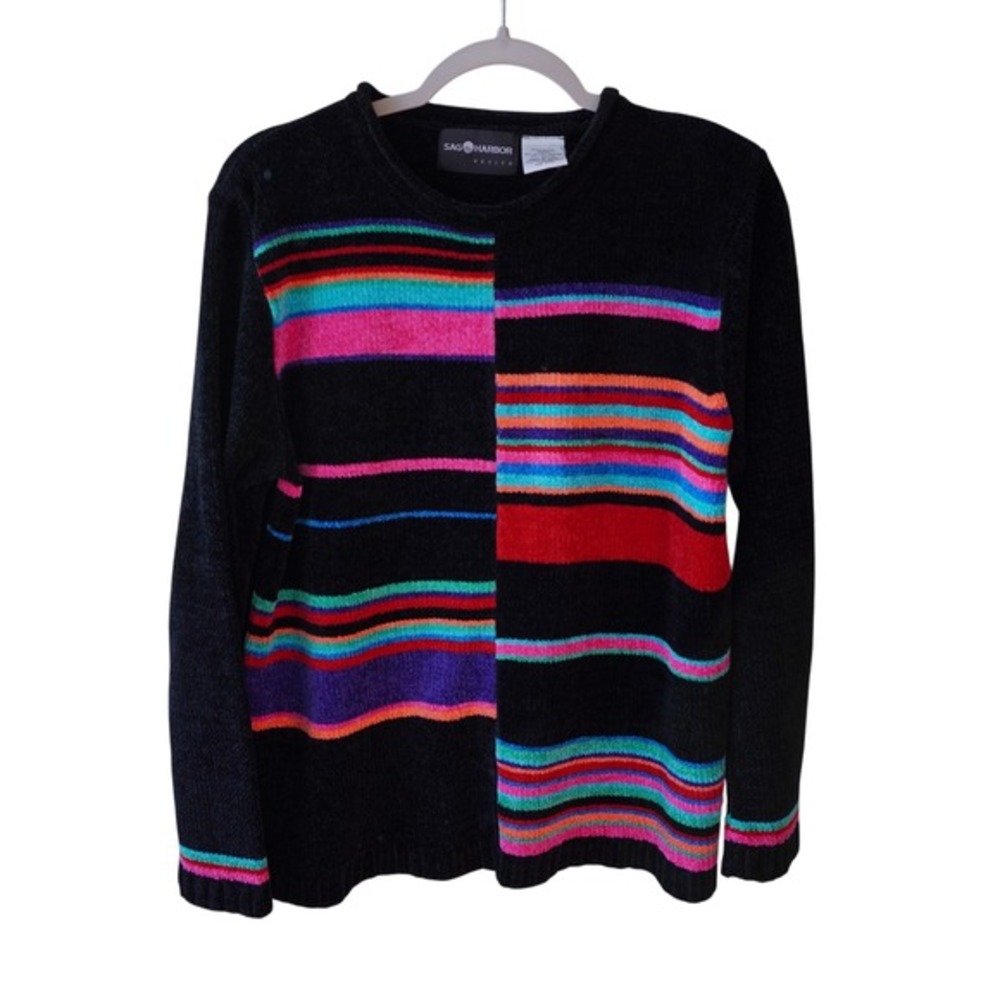 Sag Harbor Petite XL Vintage Chenille Sweater Black Multi Color Striped Quirky